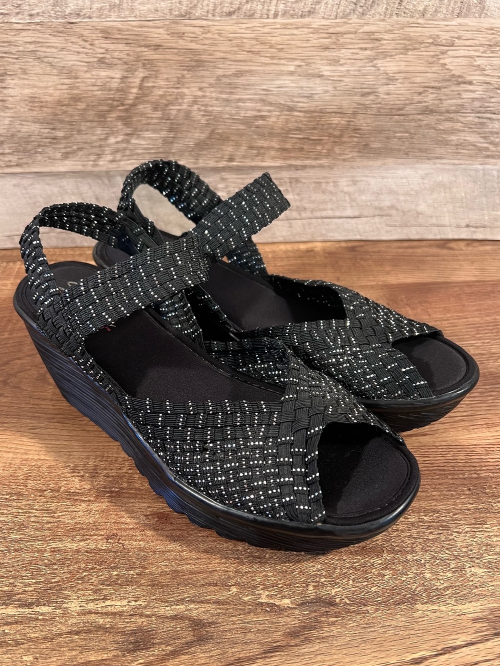 Skechers Beverly High Glam Black Silver Woven Stretch Wedge Sandals